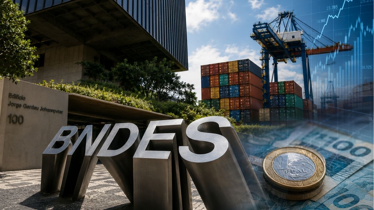 Fachada do BNDES em montagem com porto, contêineres, guindastes, notas de real e gráfico financeiro, representando crédito às exportações contra o tarifaço.