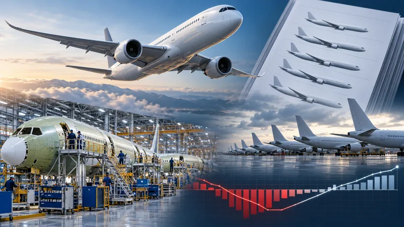 Colagem minimalista com avião comercial, linha de montagem e gráfico de recuperação