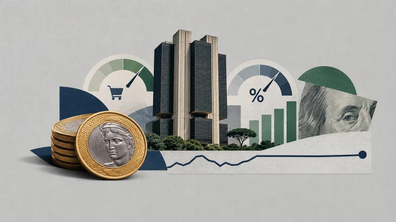 Colagem minimalista com moedas de real, prédio institucional, medidores econômicos e fragmento de dólar