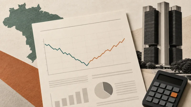 Colagem editorial com relatório econômico, gráfico de projeções, calculadora e edifício do Banco Central.