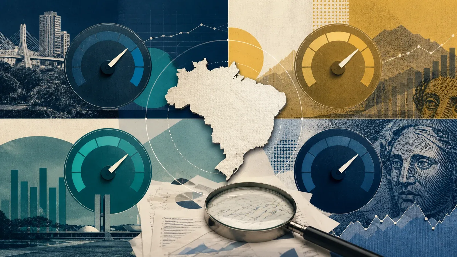 Colagem editorial com mapa do Brasil, indicadores econômicos e lupa sobre projeções