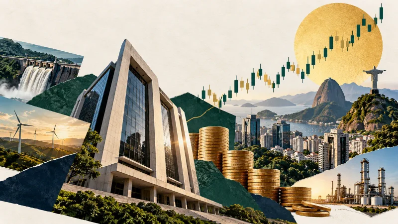 Colagem editorial com prédios financeiros, cidade brasileira, setores produtivos, moedas e gráfico de alta