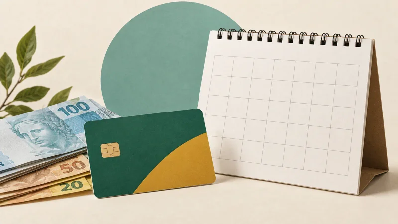 Calendário sem datas, cartão genérico e cédulas em colagem ilustrativa sobre pagamentos do Bolsa Família.