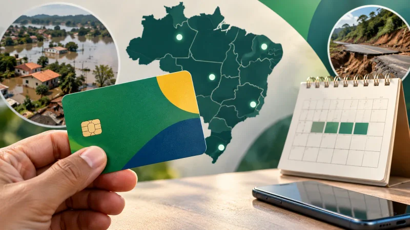 Cartão de benefício, mapa do Brasil e calendário representam a antecipação do Bolsa Família em 179 municípios