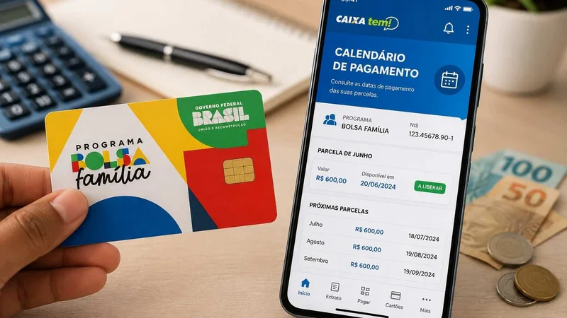 Cartão do Bolsa Família ao lado de celular com o aplicativo Caixa Tem exibindo o calendário de pagamento do benefício.