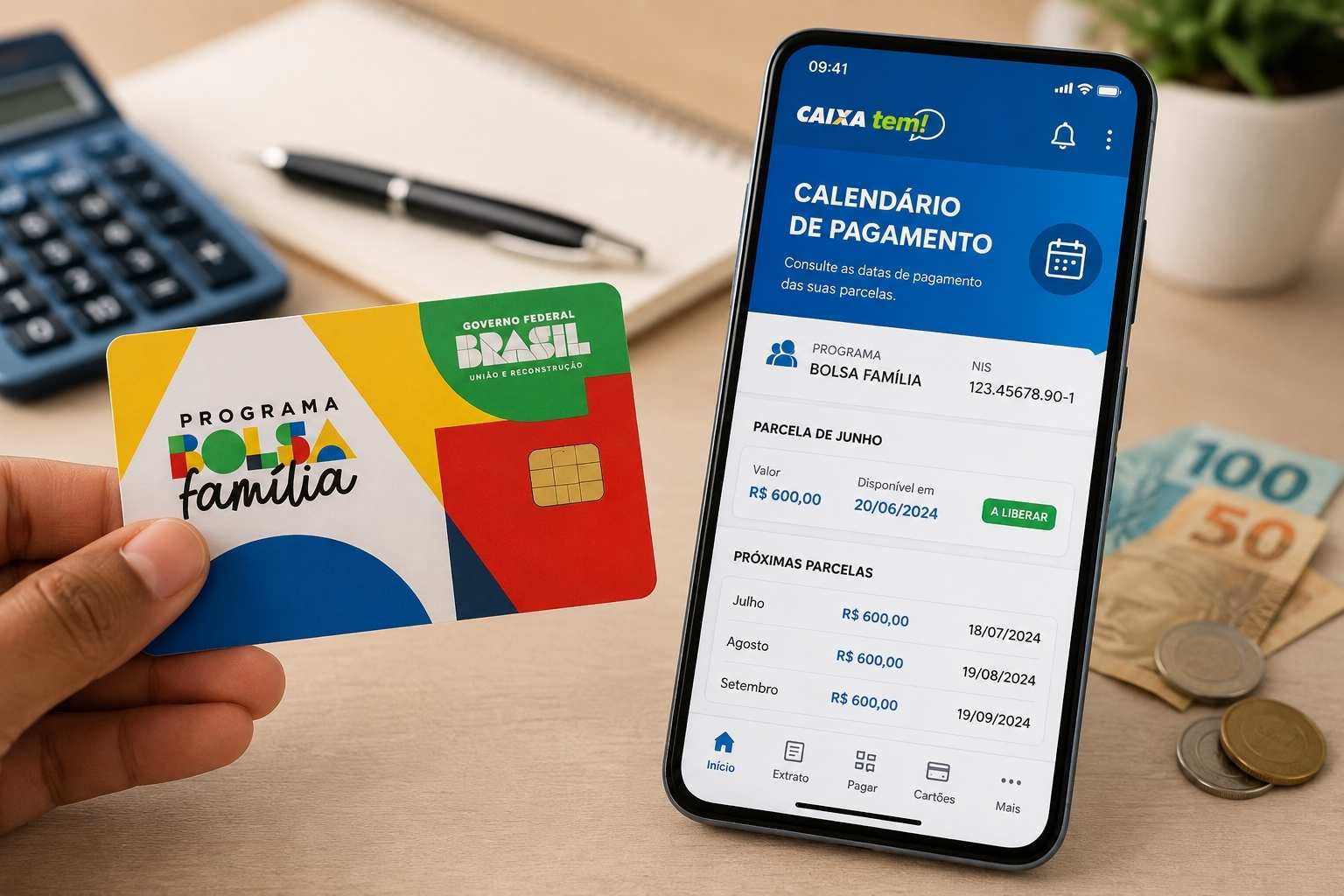 Cartão do Bolsa Família ao lado de celular com o aplicativo Caixa Tem exibindo o calendário de pagamento do benefício.