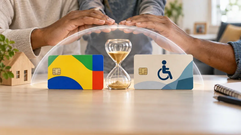 Cartões de benefícios e ampulheta representam manutenção do Bolsa Família durante análise do BPC