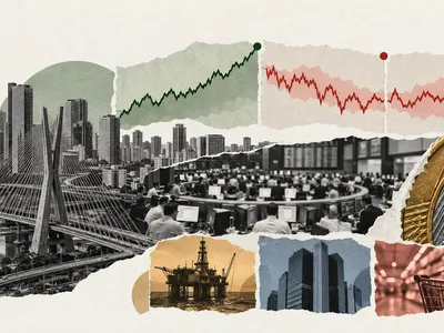 Colagem minimalista com São Paulo, pregão da Bolsa, real, petróleo, bancos, consumo e gráfico em diferentes fases
