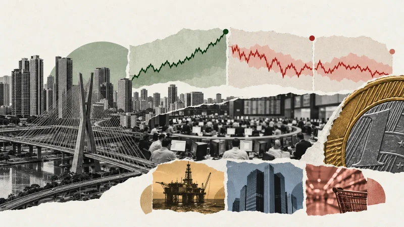 Colagem minimalista com São Paulo, pregão da Bolsa, real, petróleo, bancos, consumo e gráfico em diferentes fases