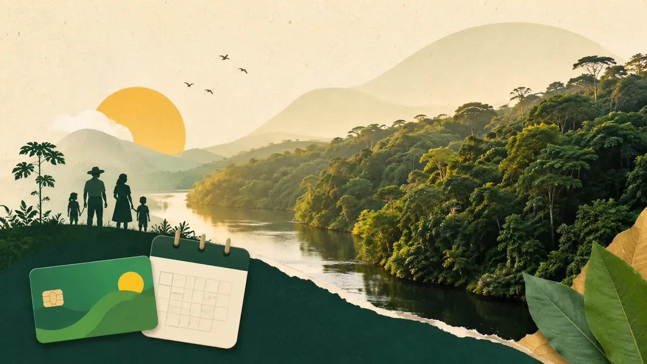 Colagem minimalista de família rural, floresta, rio, cartão e calendário representando o Bolsa Verde