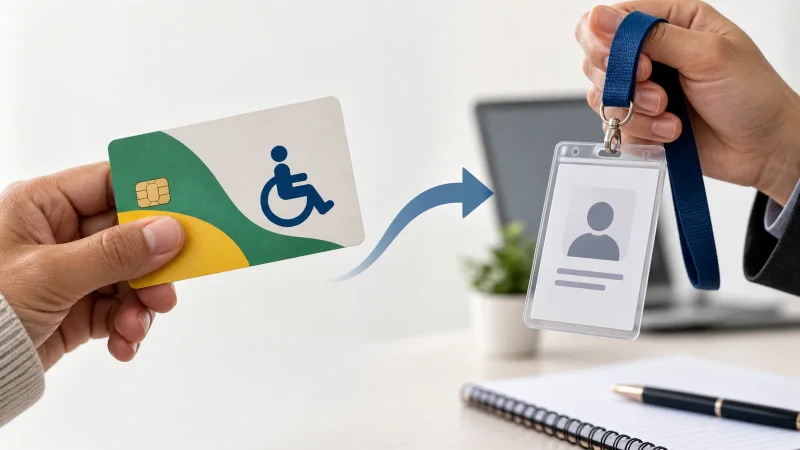 Cartão de benefício conectado a crachá representa a transição do BPC para o trabalho