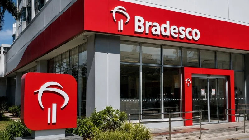 Fachada de uma agência do Bradesco com o logotipo do banco em destaque.