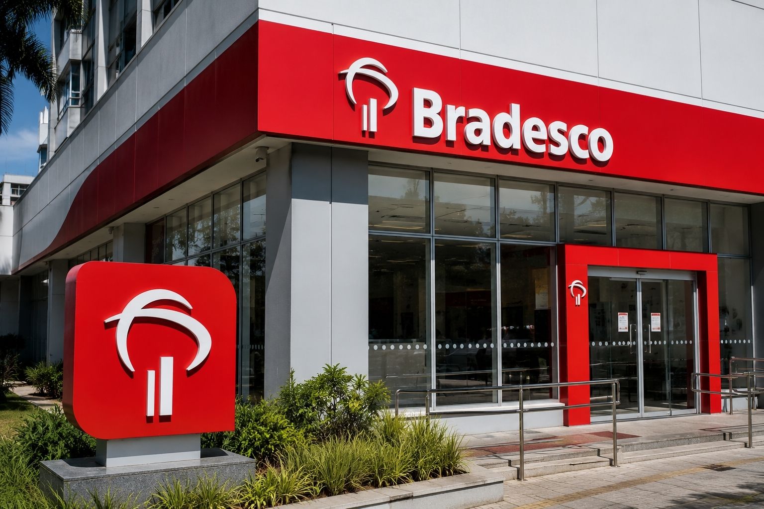 Fachada de uma agência do Bradesco com o logotipo do banco em destaque.