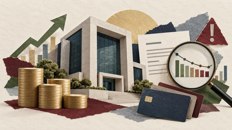 Colagem editorial com banco, moedas, cartões, documentos e lupa sobre gráfico de risco de crédito