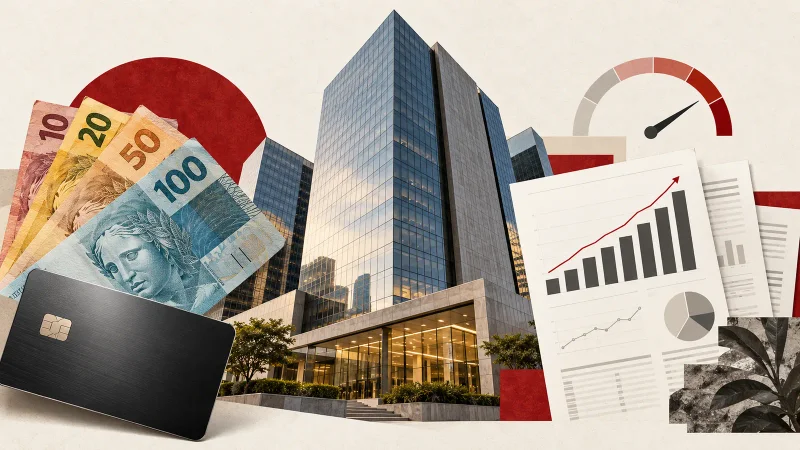 Colagem editorial com prédio bancário, cartão, reais e demonstrativos financeiros