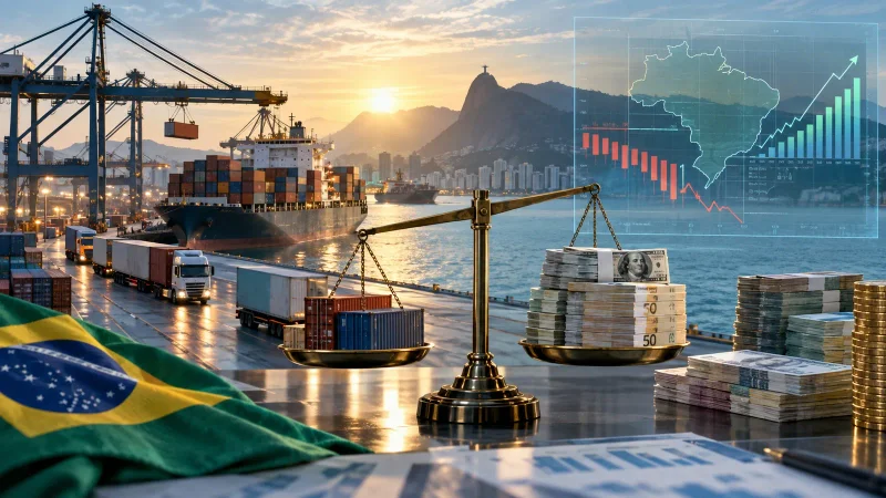 Porto brasileiro, navio de contêineres, balança e reservas em moeda estrangeira