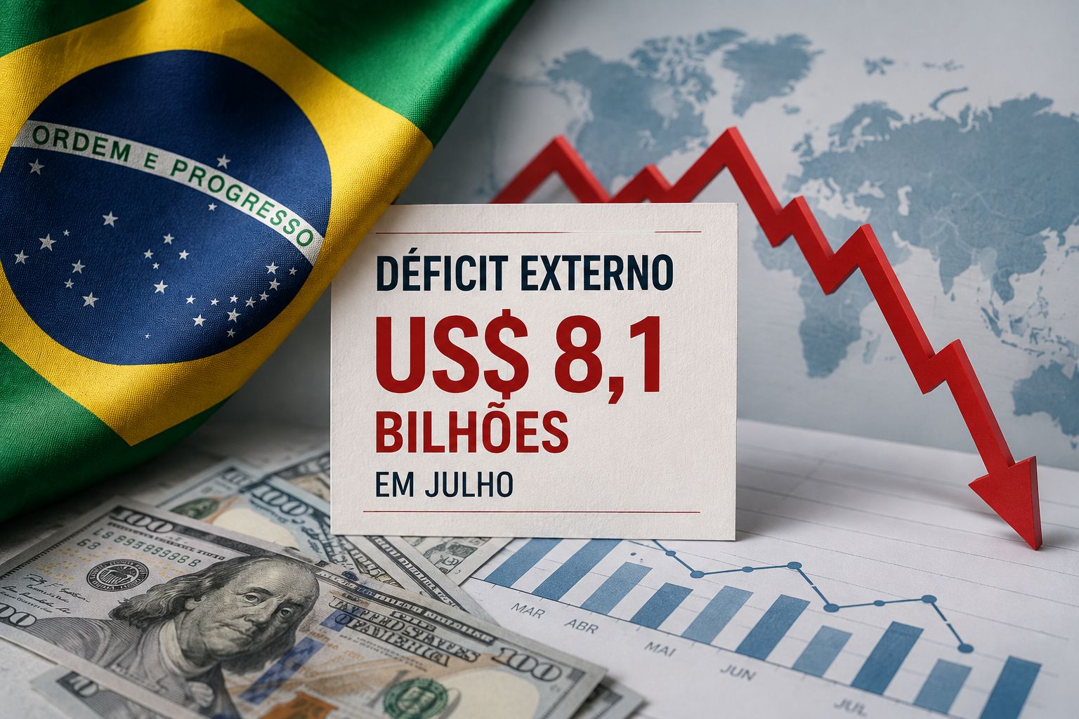 Brasil registrou déficit de US$ 8,1 bilhões nas contas externas em julho. Serviços, juros e importações pressionaram o resultado.