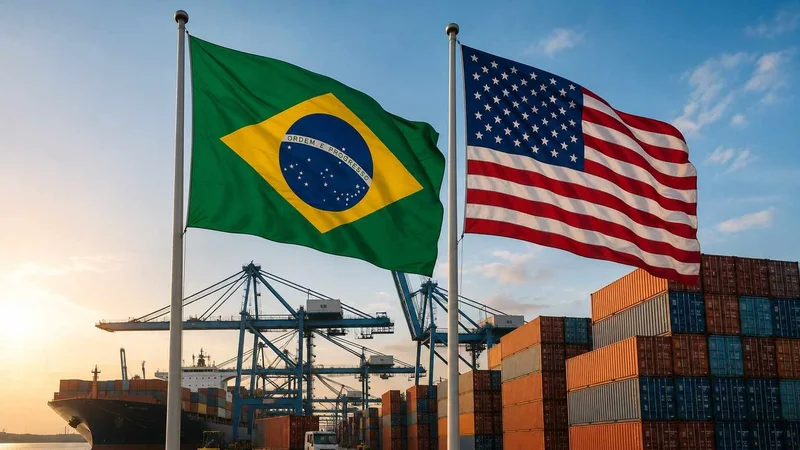 Bandeiras do Brasil e dos Estados Unidos diante de porto com contêineres e navio cargueiro.