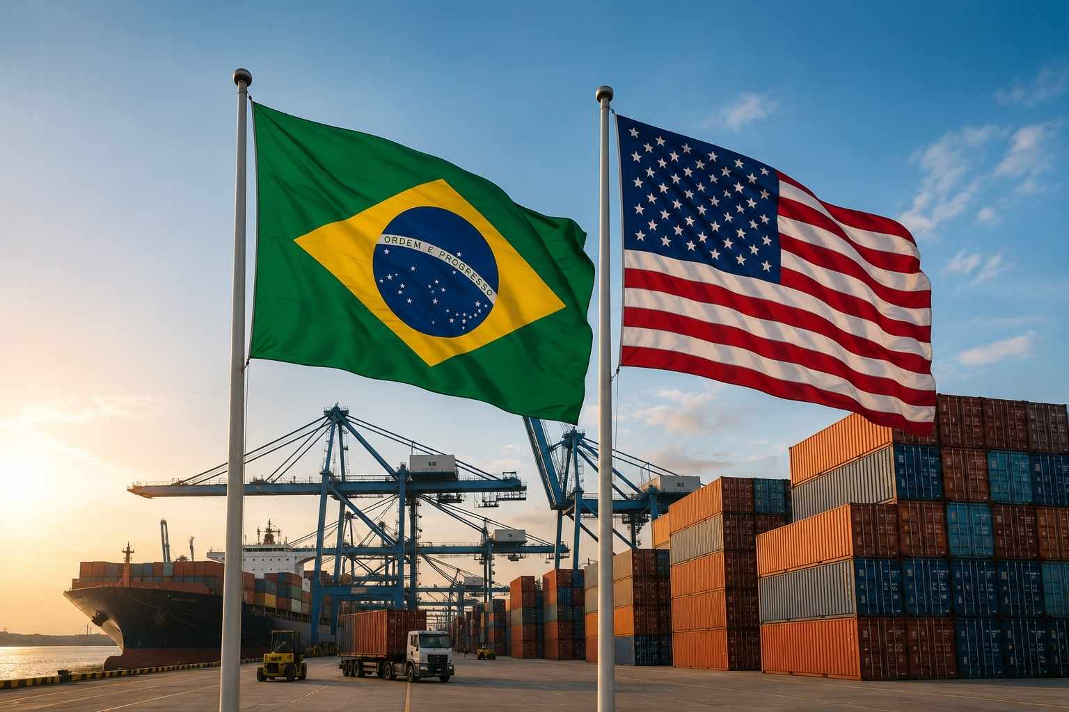 Bandeiras do Brasil e dos Estados Unidos diante de porto com contêineres e navio cargueiro.