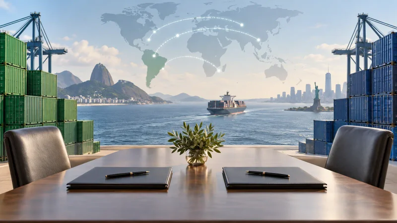 Colagem clean com contêineres, mesa diplomática e rota comercial