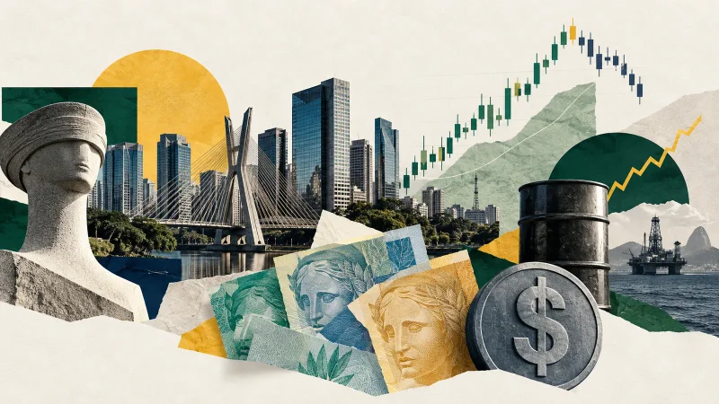 Colagem clean com Bolsa brasileira, cédulas, petróleo e gráfico do fechamento do mercado