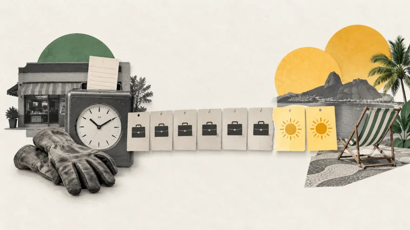 Colagem clean com relógio de ponto, calendário, comércio e dois dias de descanso semanal
