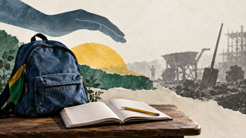 Colagem clean com mochila escolar, caderno, mão protetora e ferramentas afastadas