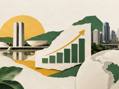 Colagem clean com Brasília, São Paulo, globo e gráfico de crescimento da economia brasileira