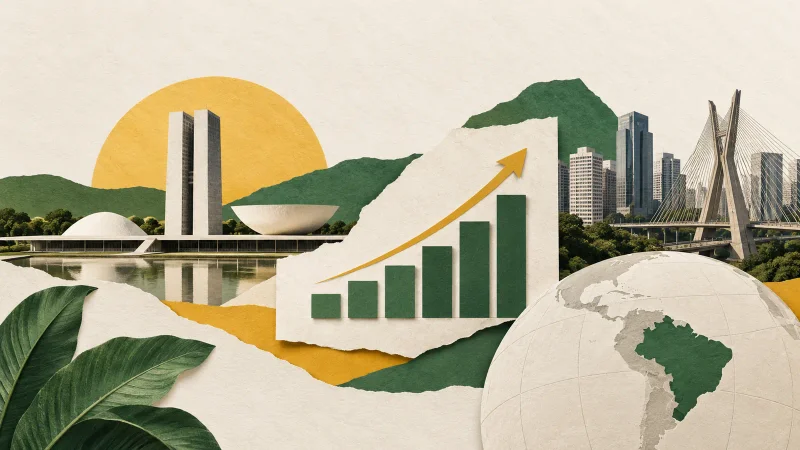 Colagem clean com Brasília, São Paulo, globo e gráfico de crescimento da economia brasileira