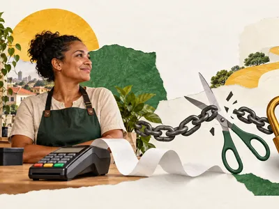 Colagem clean com pequeno comércio, maquininha, corrente de dívida rompida e caminho de crescimento