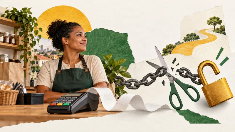 Colagem clean com pequeno comércio, maquininha, corrente de dívida rompida e caminho de crescimento
