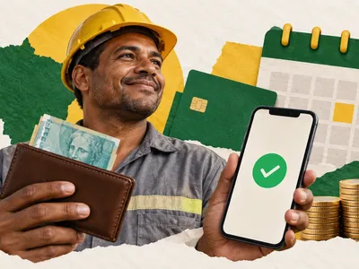 Colagem clean com carteira de trabalhador, cartão bancário, calendário e moedas do abono salarial