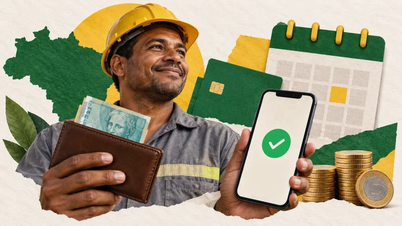 Colagem clean com carteira de trabalhador, cartão bancário, calendário e moedas do abono salarial