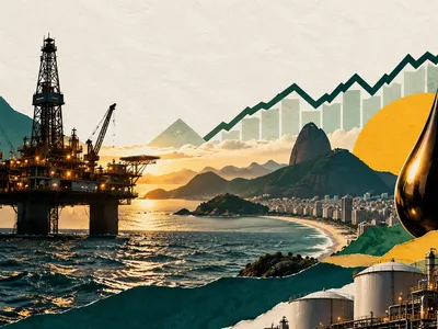 Colagem clean com plataforma de petróleo, refinaria, costa brasileira e gráfico de ações em alta