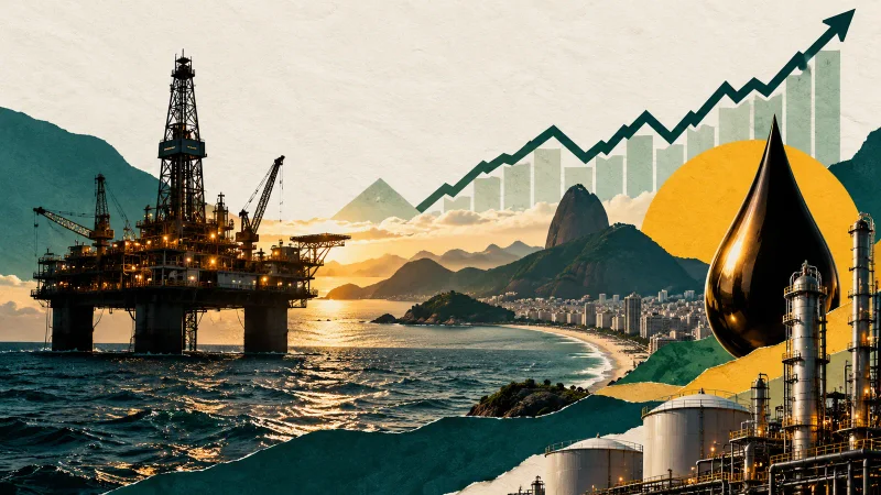 Colagem clean com plataforma de petróleo, refinaria, costa brasileira e gráfico de ações em alta