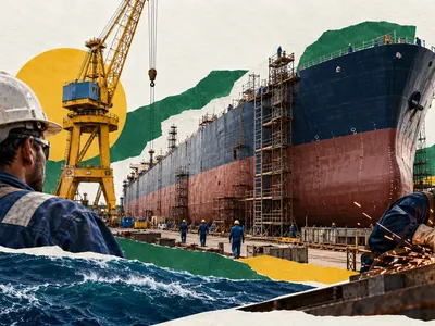 Colagem clean com casco de navio em construção, guindaste, capacete e estaleiro gaúcho