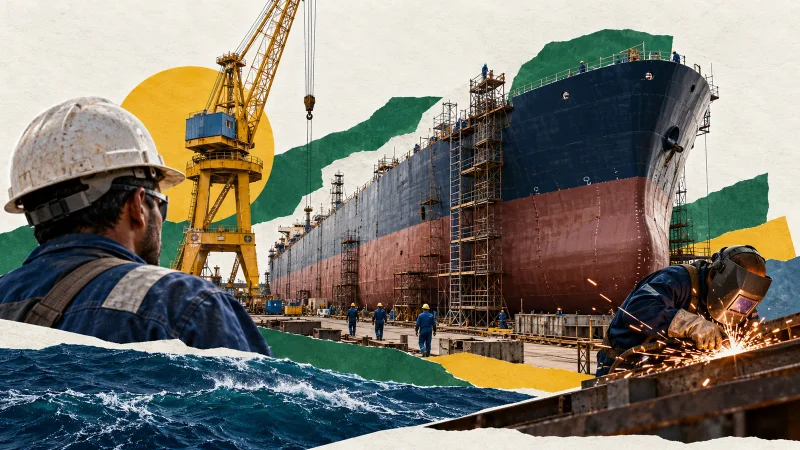 Colagem clean com casco de navio em construção, guindaste, capacete e estaleiro gaúcho