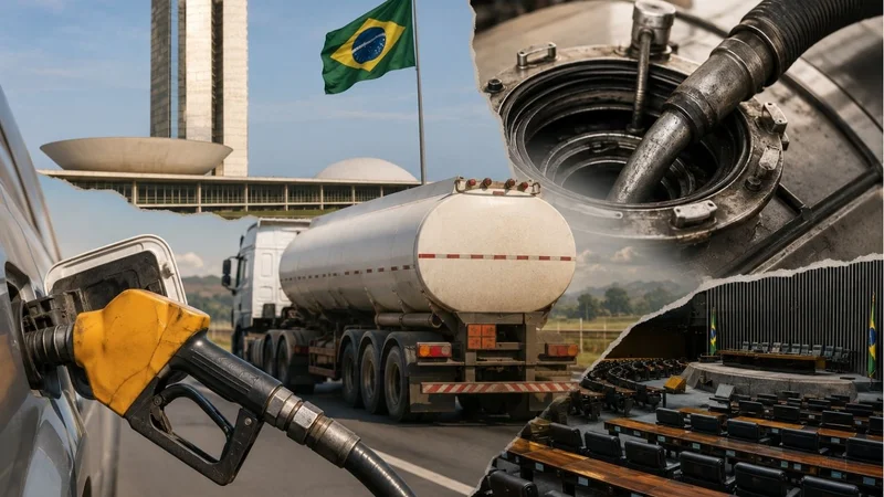 Caminhão-tanque transporta combustível em montagem com bomba de diesel, Congresso Nacional e plenário vazio ao fundo.