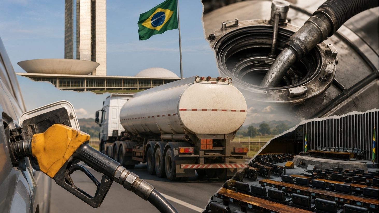 Caminhão-tanque transporta combustível em montagem com bomba de diesel, Congresso Nacional e plenário vazio ao fundo.