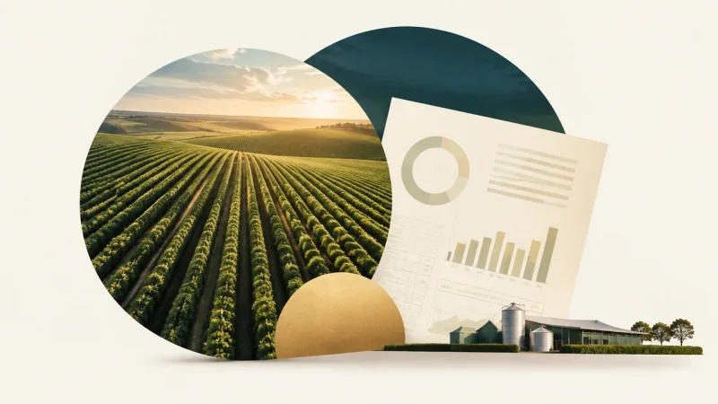 Colagem minimalista de lavoura, relatório financeiro e estruturas agrícolas representando o resultado da BrasilAgro