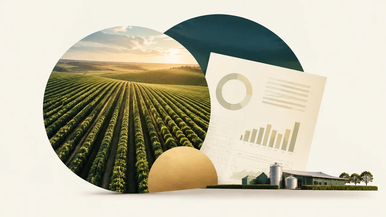 Colagem minimalista de lavoura, relatório financeiro e estruturas agrícolas representando o resultado da BrasilAgro