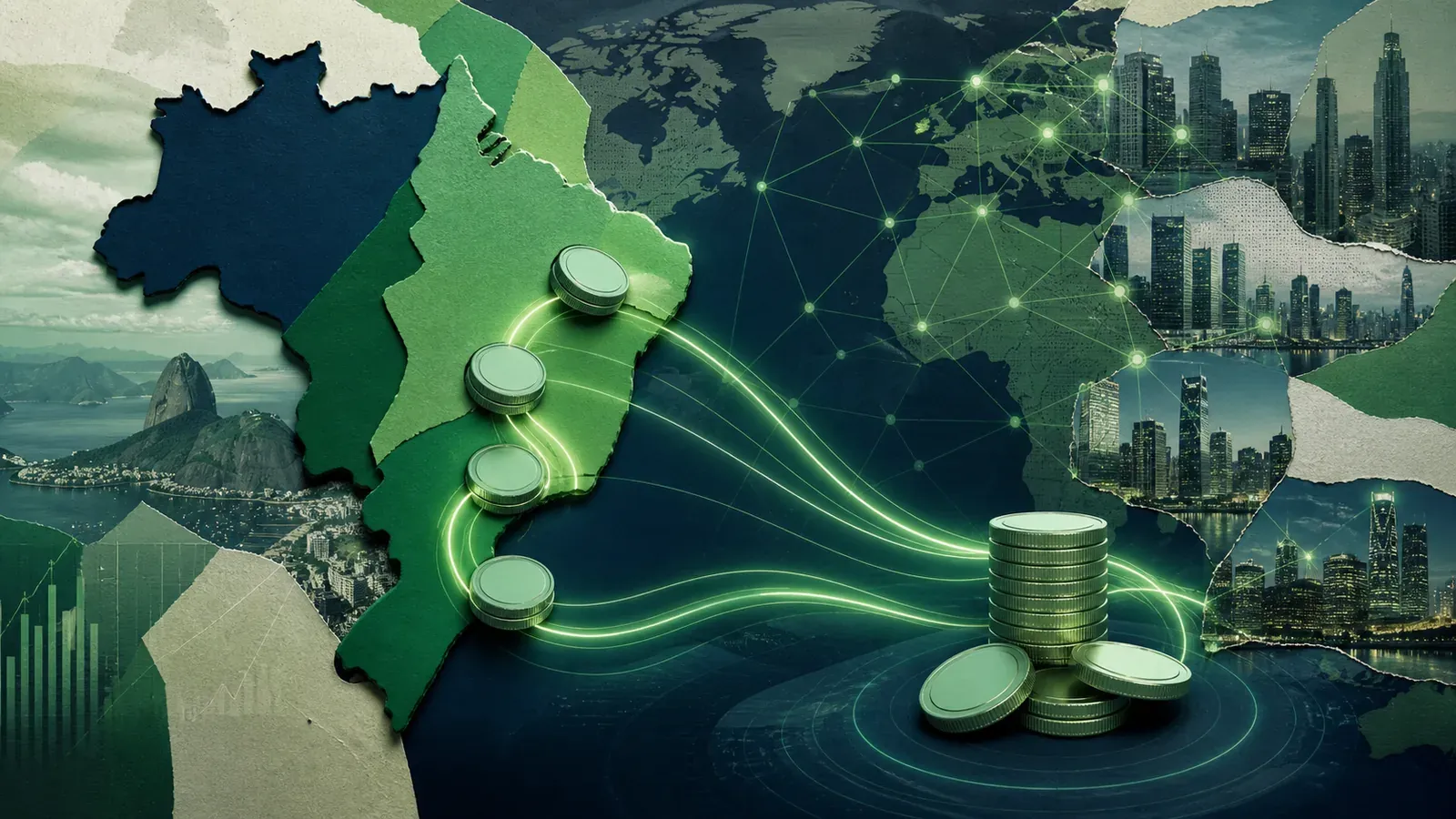 Colagem editorial com mapa do Brasil e fluxos digitais de criptoativos para o exterior