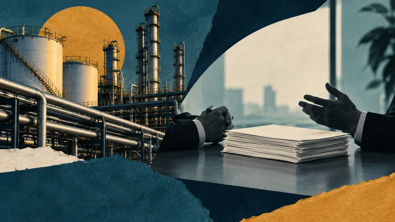 Colagem editorial ilustrativa de unidade petroquímica e documentos de negociação