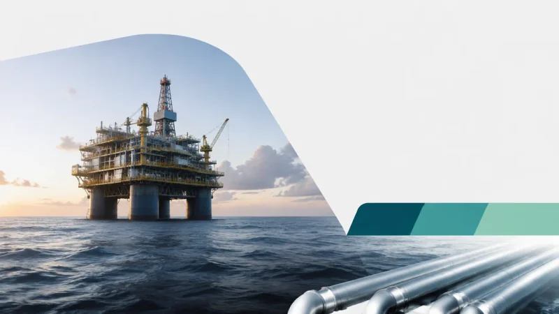 Colagem minimalista com plataforma offshore e tubulações representando a produção da Brava Energia