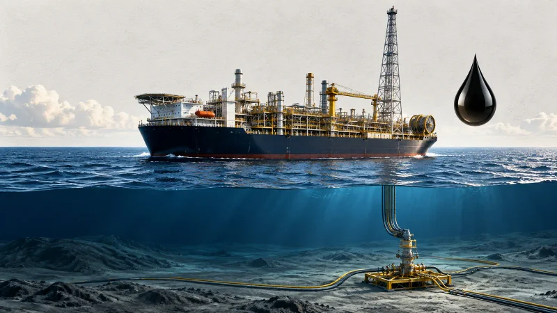 Plataforma offshore, poço submarino e gota de petróleo em colagem editorial