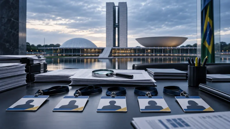 Colagem editorial com Brasília, documentos bancários e cinco crachás representando afastamentos cautelares no BRB