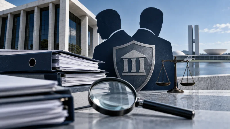 Colagem ilustrativa de prédio bancário e documentos de auditoria
