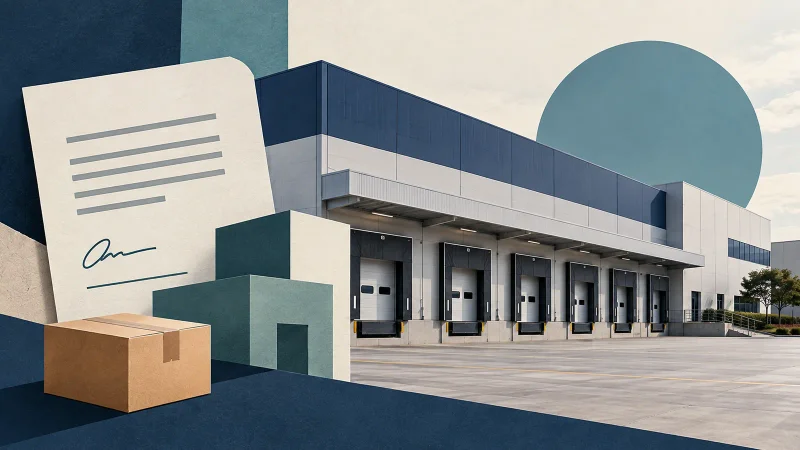 Colagem editorial ilustrativa de galpão logístico e contrato de locação