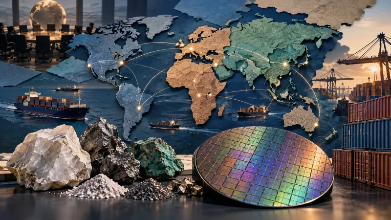 Colagem editorial de minerais críticos, semicondutores e cadeias globais de suprimentos