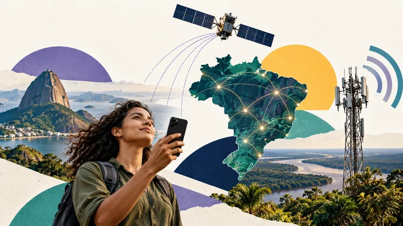 Colagem editorial com celular, satélite, torre de telefonia e conexões sobre o mapa do Brasil